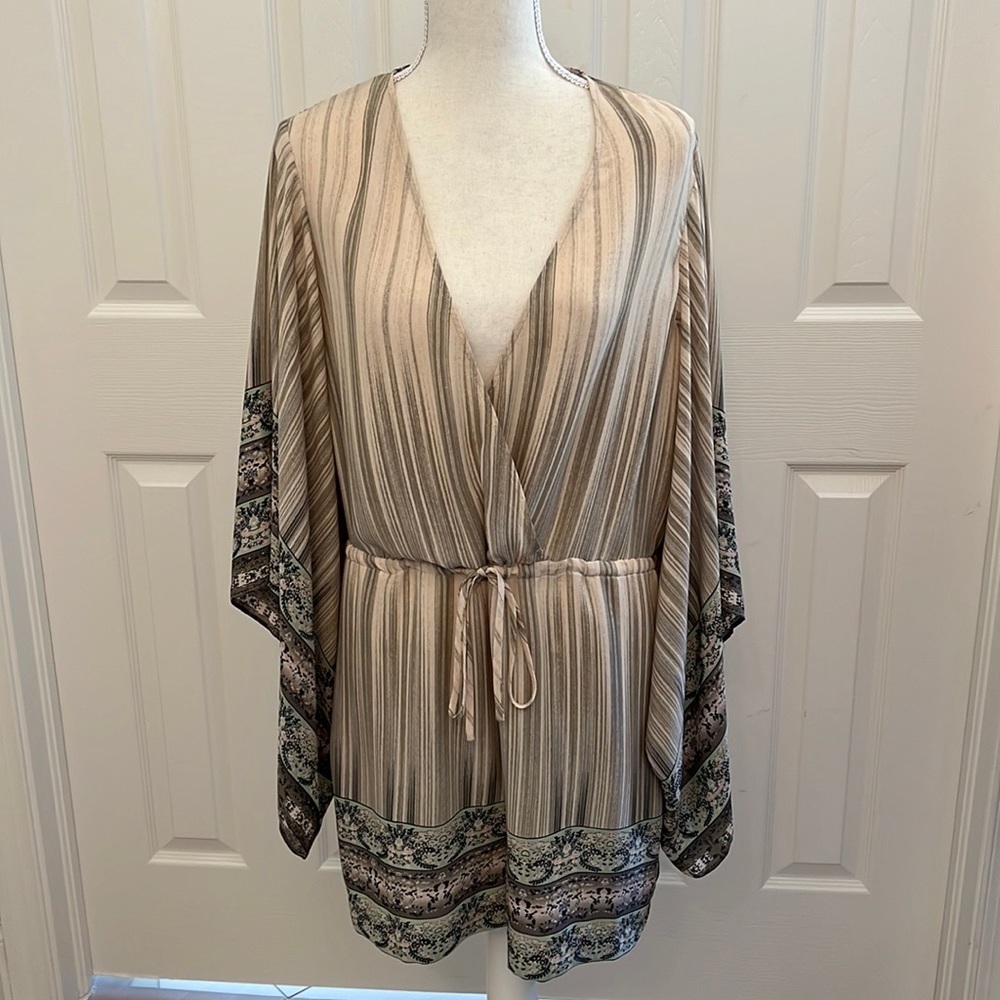 BCBGMaxAzria Beige and Cream Striped Wrap Jumpsuit Romper